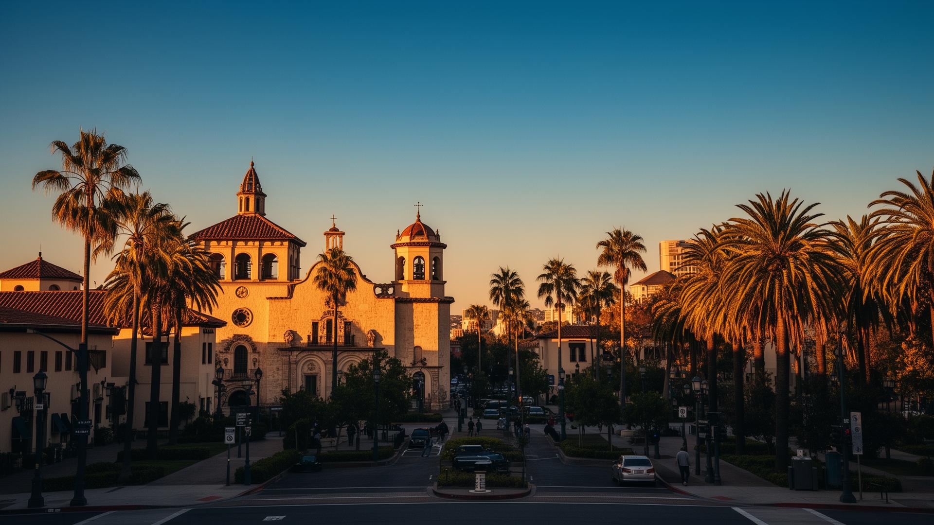 Historic Spanish mission-revival architecture along Santa Clara Street in Downtown San Jose at golden hour