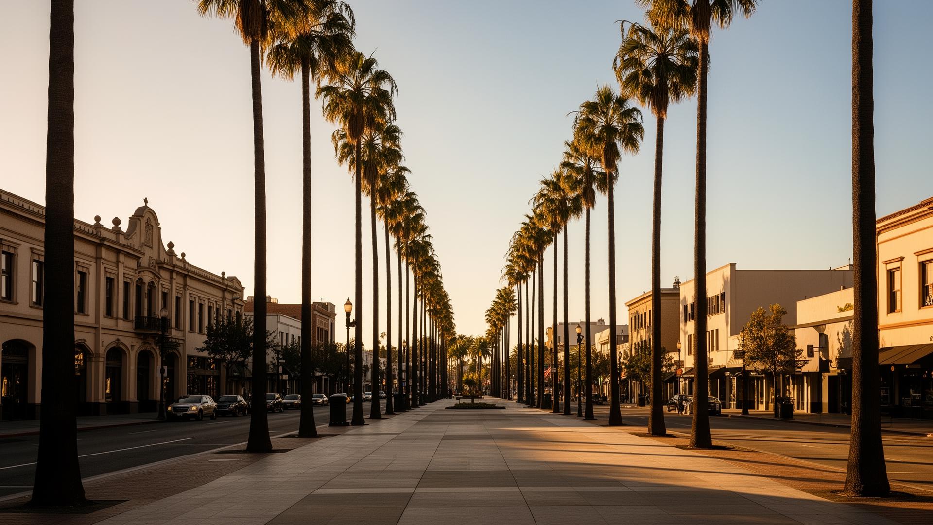 Palm-lined boulevard in Downtown San Jose at golden hour