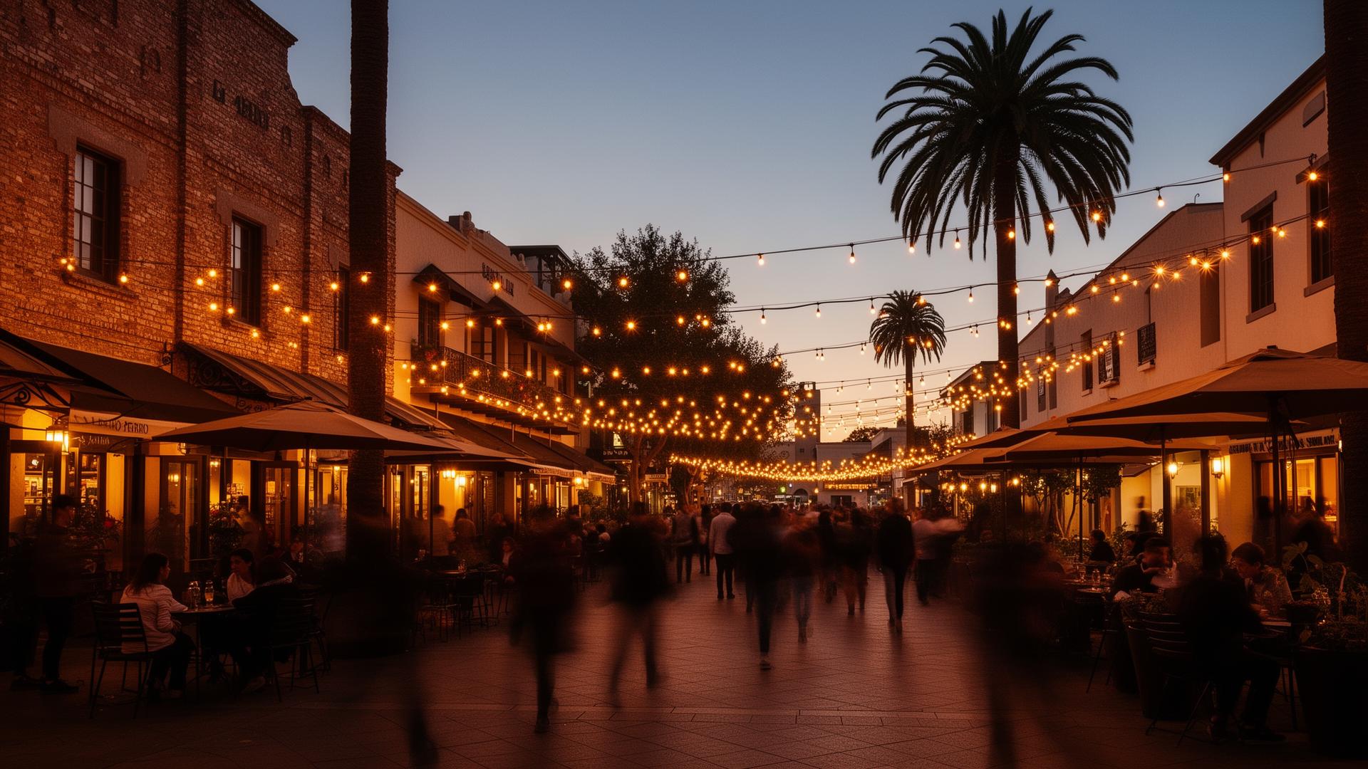 San Pedro Square in the evening with string lights and palm trees